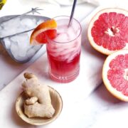 An easy mocktail recipe made with grapefruit and ginger, served over ice.