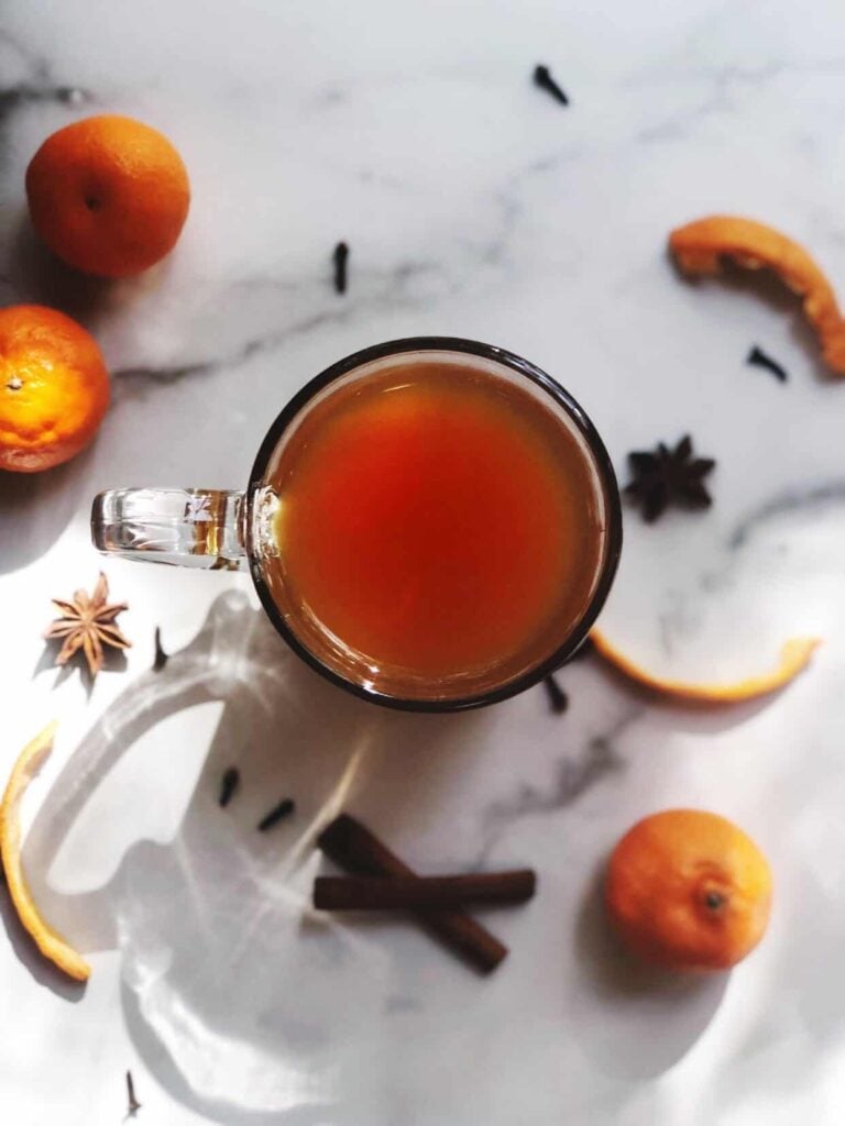 mulled cider in glass on table