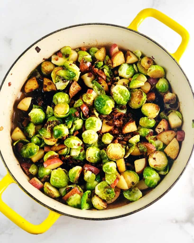Brussels sprouts hash cooked and sitting in a pan