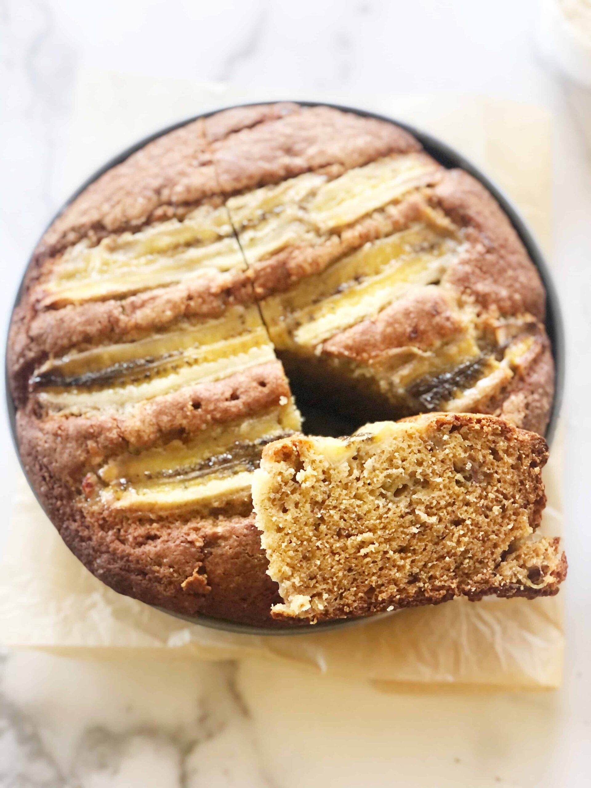 Banana bread with slice cut out