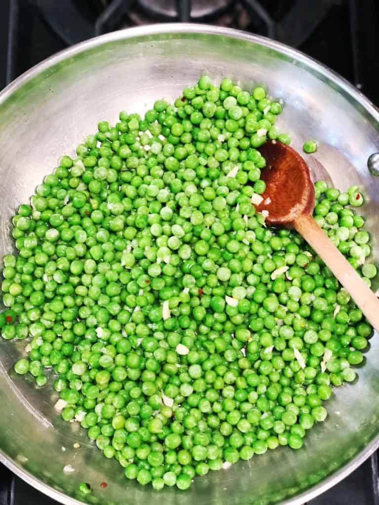 Frozen peas in pan