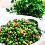 peas with pancetta closeup