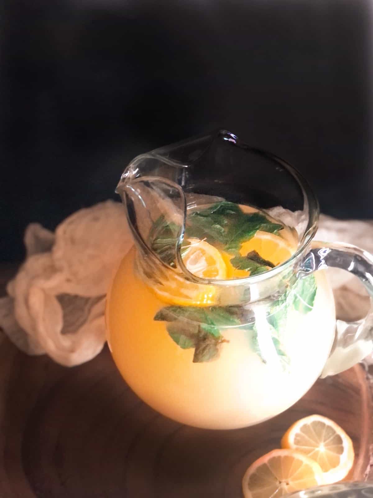top view of basil lemonade in pitcher