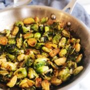 Side view of Asian Brussels sprouts in pan