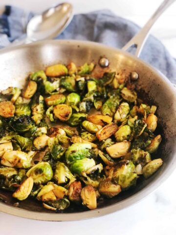 Side view of Asian Brussels sprouts in pan