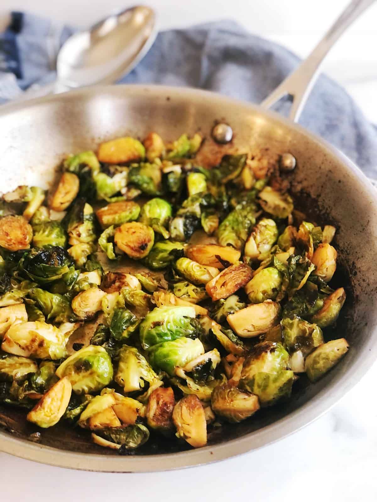 Side view of Asian Brussels sprouts in pan