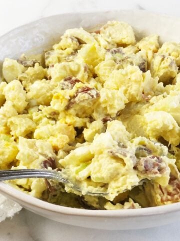 closeup of red potato salad in bowl