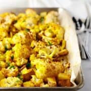roasted cauliflower and potatoes on sheet pan
