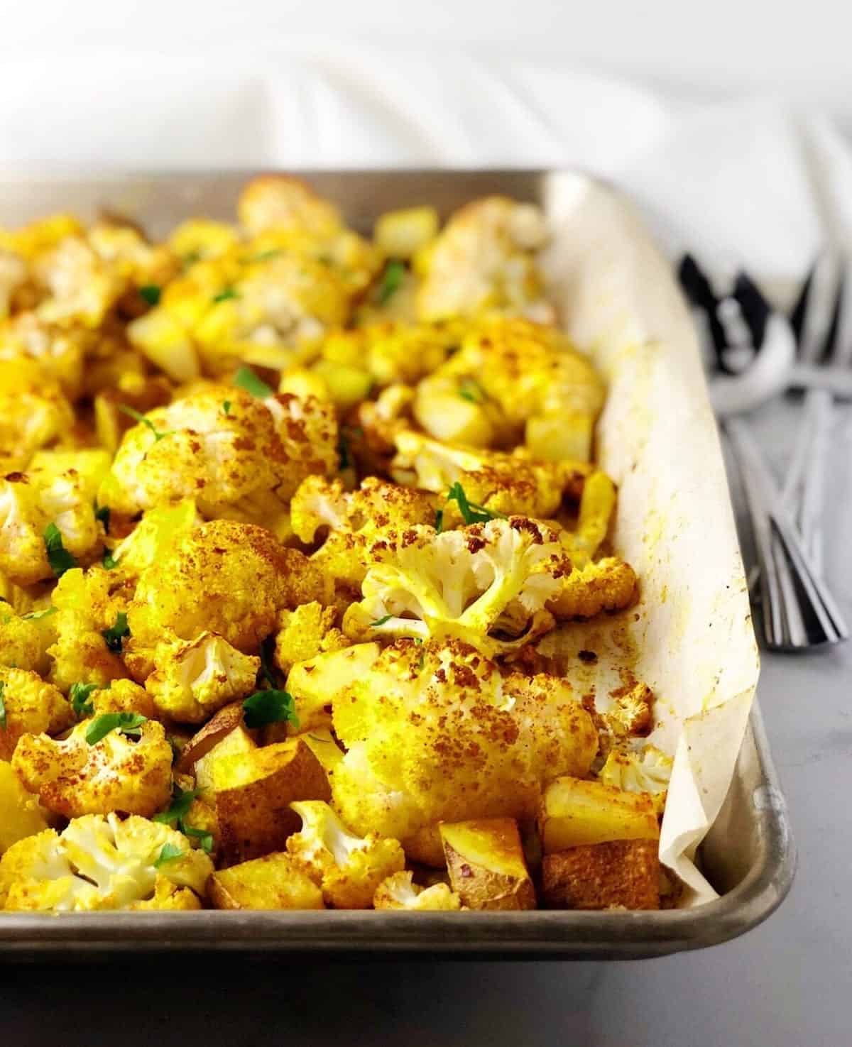 roasted cauliflower and potatoes on sheet pan
