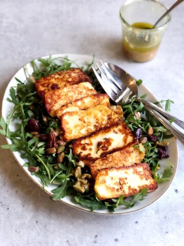 pan fried halloumi salad on plate