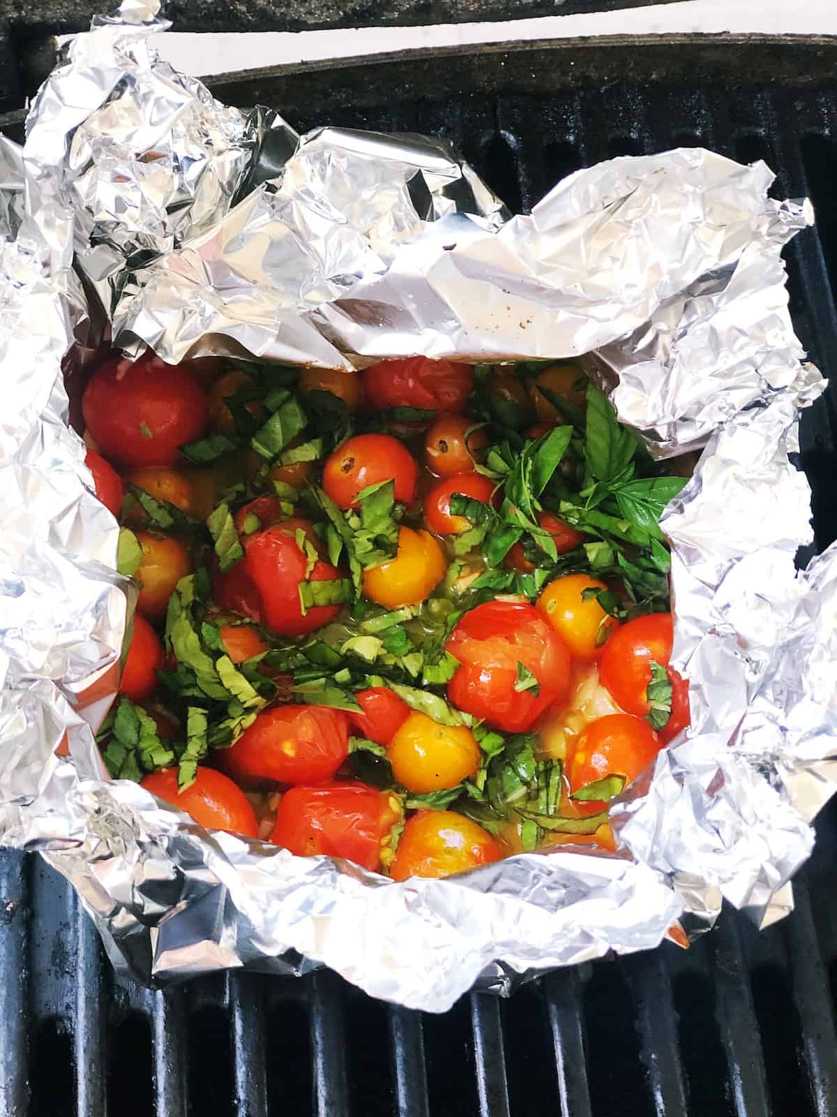 tomato and basil on grill