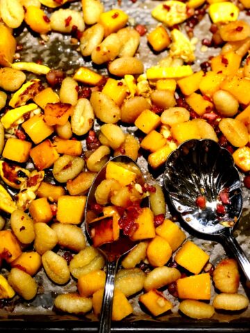 gnocchi and pumpkin roasted on a sheet pan