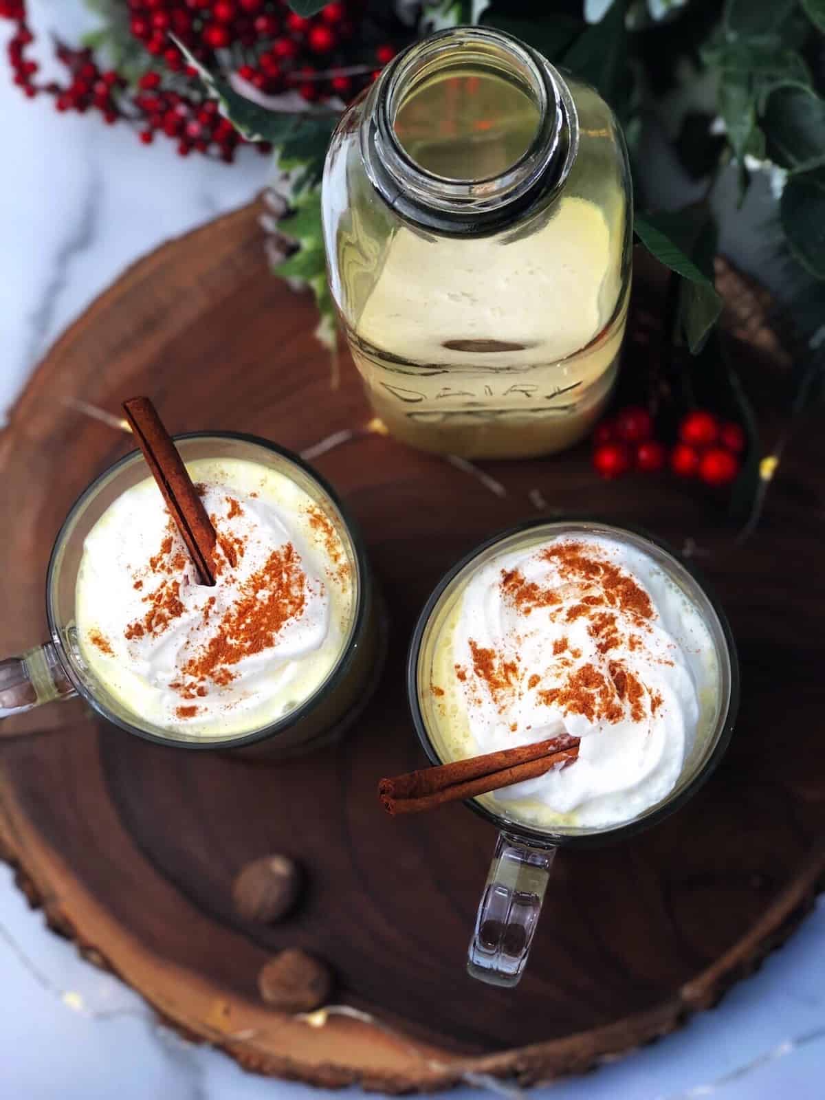 homemade eggnog in glasses viewed from above