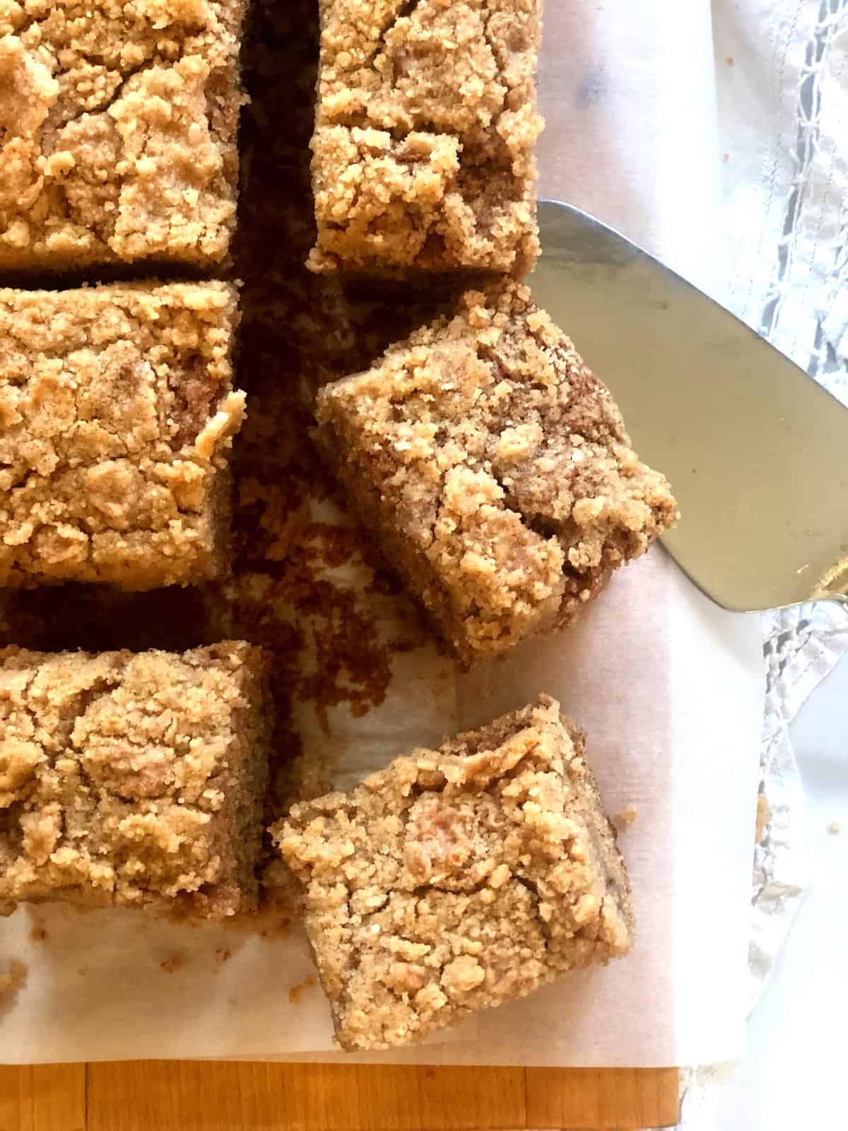 top view of banana coffee cake sliced in squares