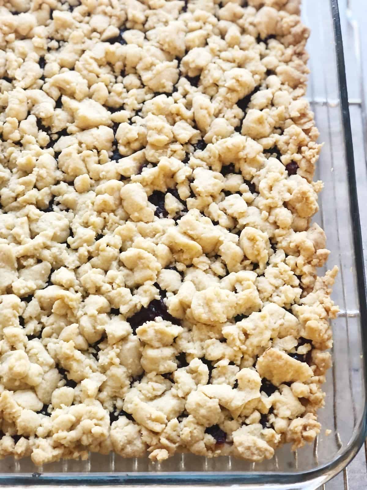 Cranberry crumb bars in a baking dish.