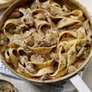 leftover prime rib stroganoff in pan