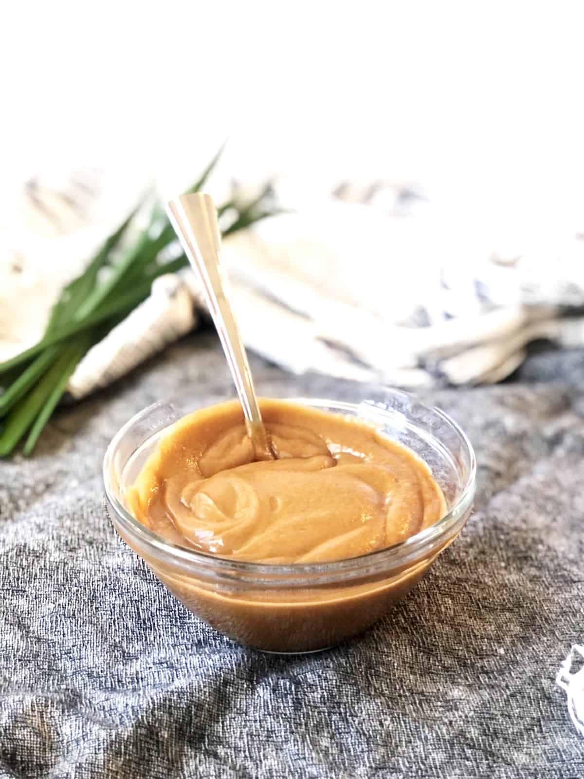 Peanut sauce in a glass bowl with a spoon.