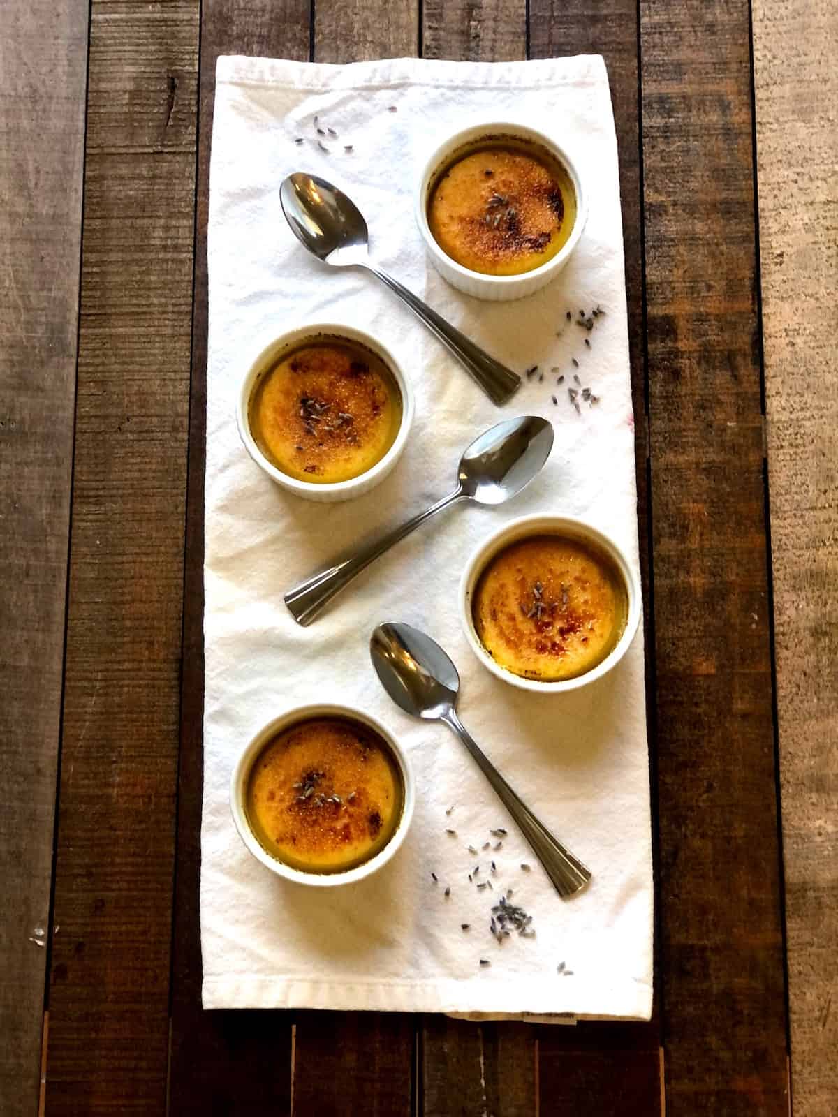 lavender creme brulee on a wood table