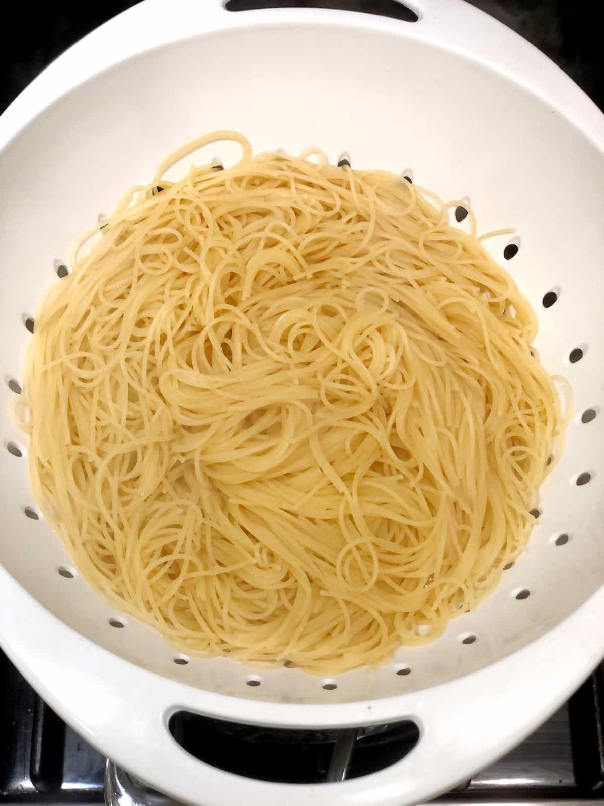 pasta for peanut pasta salad in a colander
