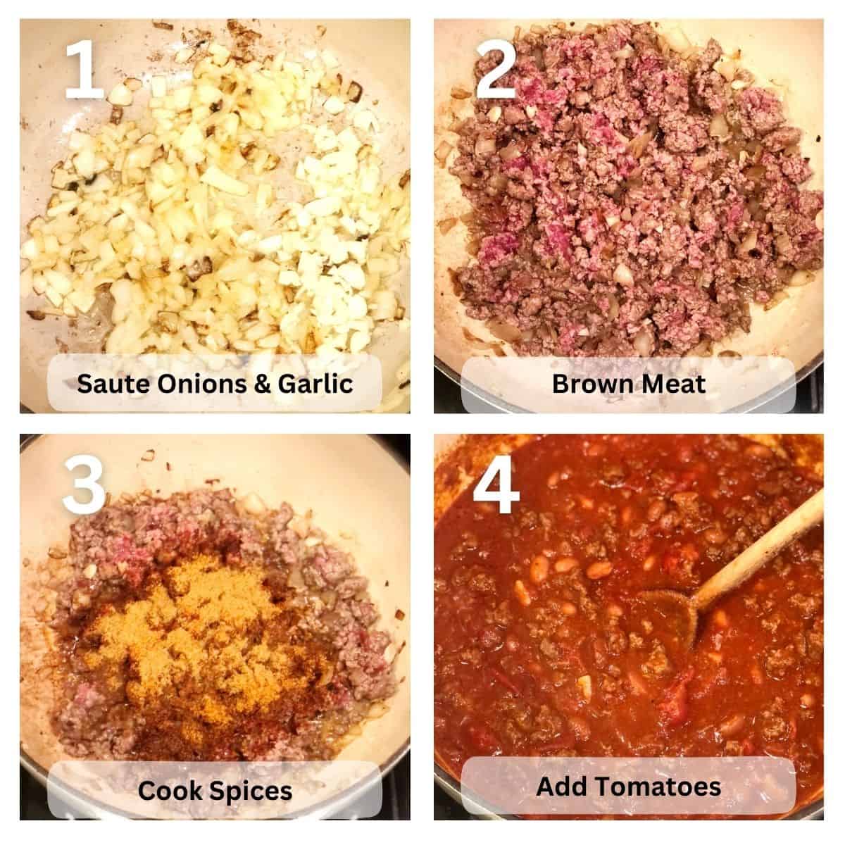 How to make Dutch oven chili steps starting with cooking onions and garlic, browning the ground beef, cooking spices then adding tomatoes.