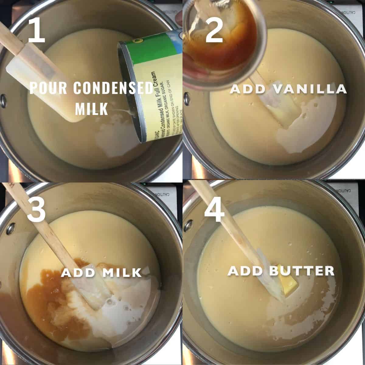 Steps showing how to make condensed milk sauce.