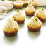 Mini Key Lime Cheesecakes with lime zest on a counter with Key limes in the background.