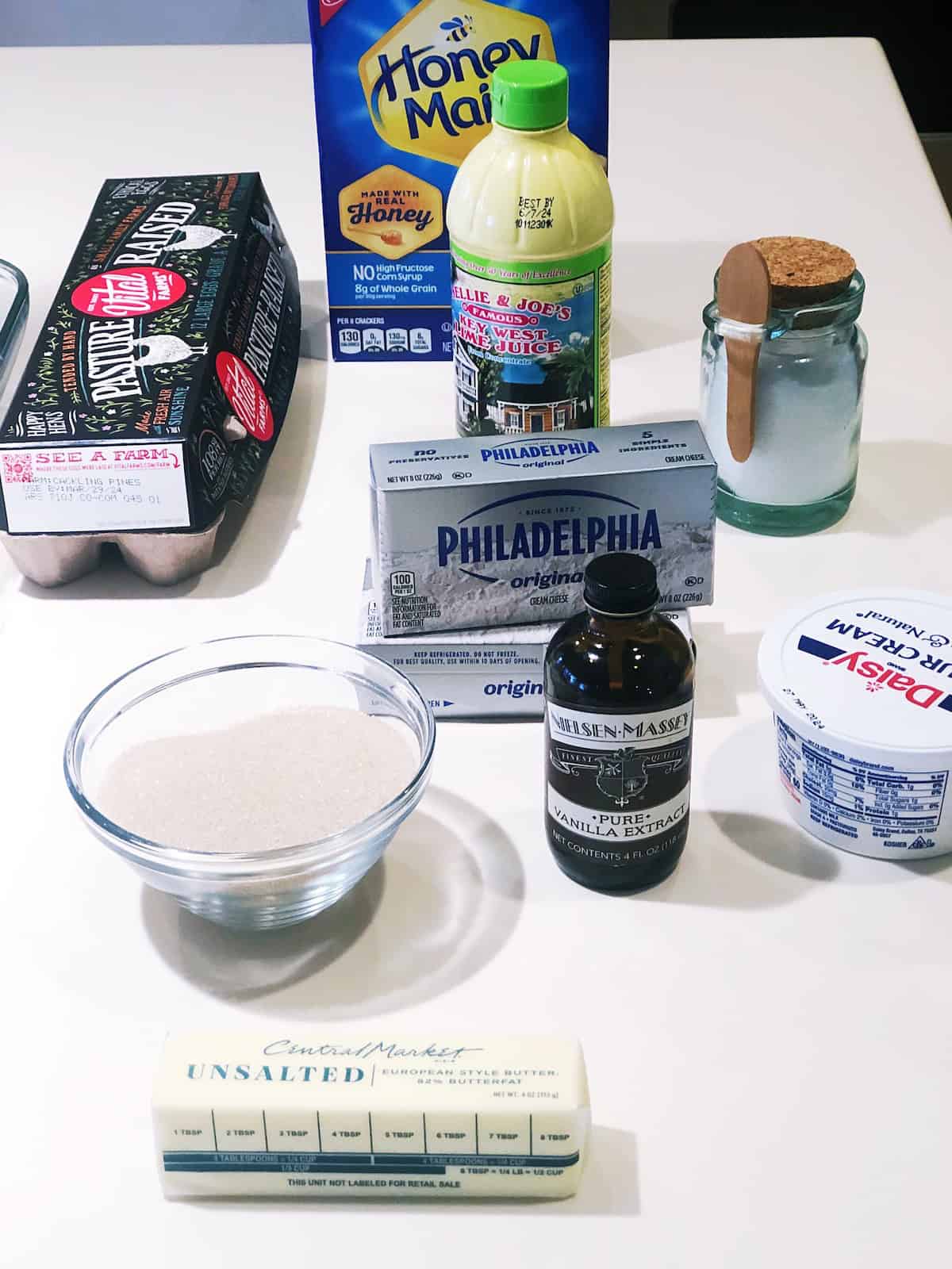 Mini Key Lime Cheesecakes ingredients on the counter.