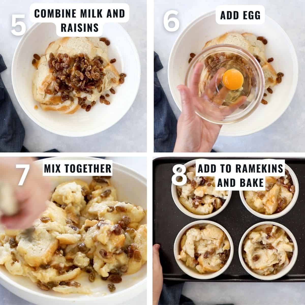 Preparing the bread pudding from the steps of combining the milk and raisins through mixing it together then baking it in the oven.
