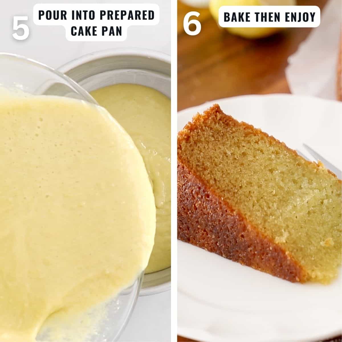 Basil olive oil cake preparation from filling the cake pan with batter to baking it.
