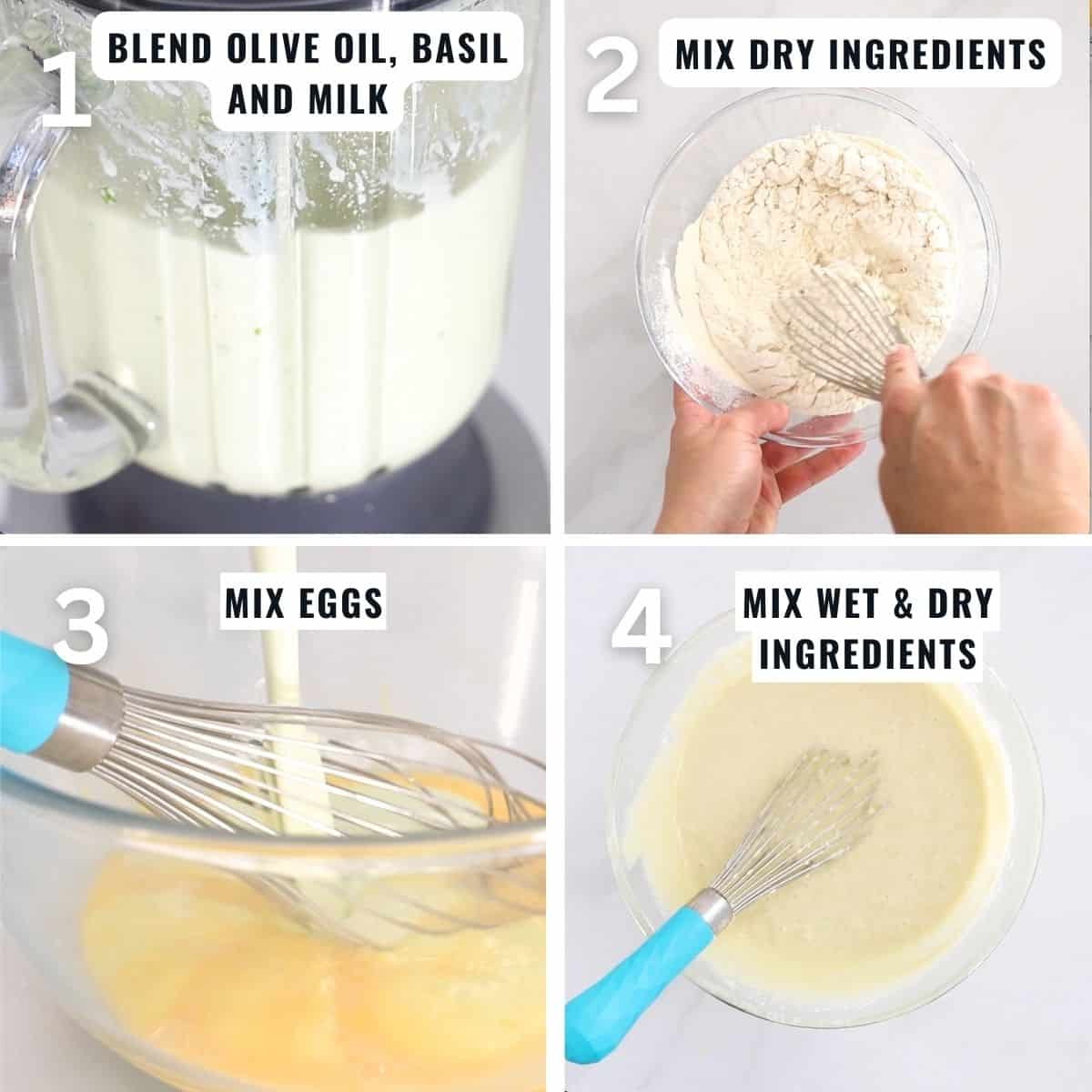 Basil olive oil cake preparation from mixing wet ingredients with basil, mixing dry ingredients then combining them.