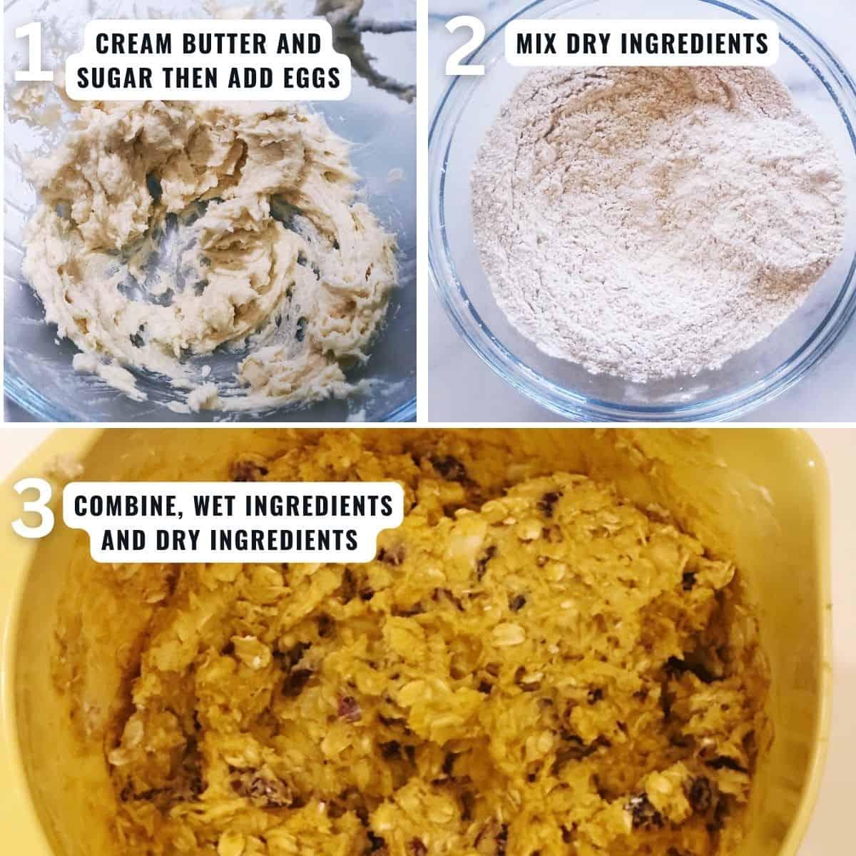 Steps for making the oatmeal cookies including creaming the butter and sugar, adding the eggs, mixing the dry ingredients then mixing all of this together.