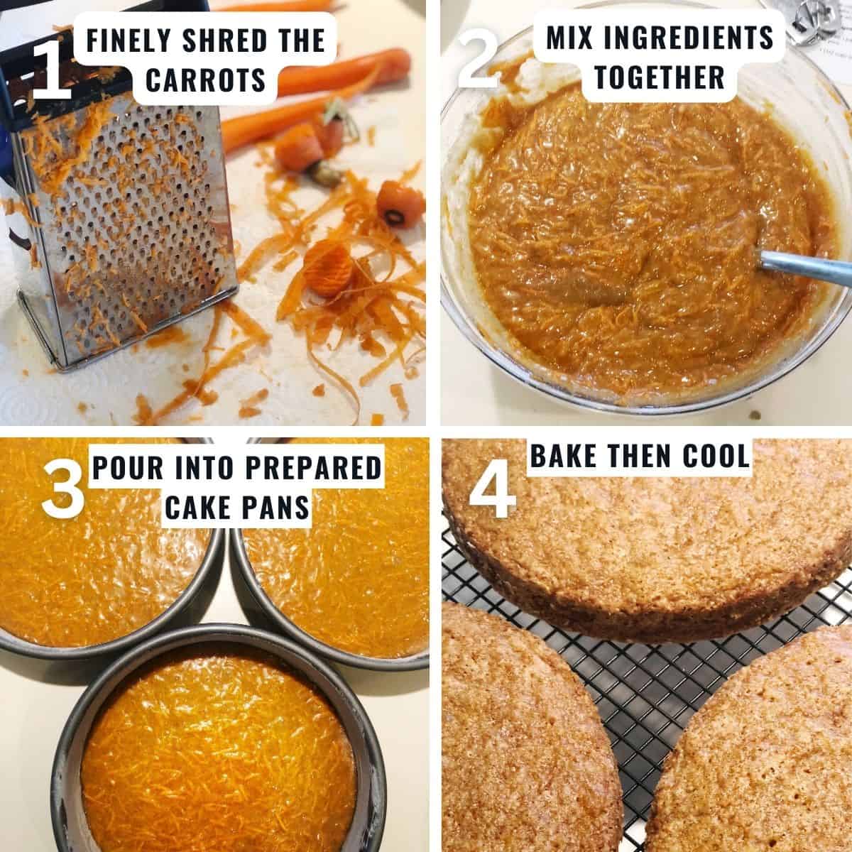 Preparing the carrot cake from shredding the carrots to making the cake batter, pouring it into cake pans and baking it.