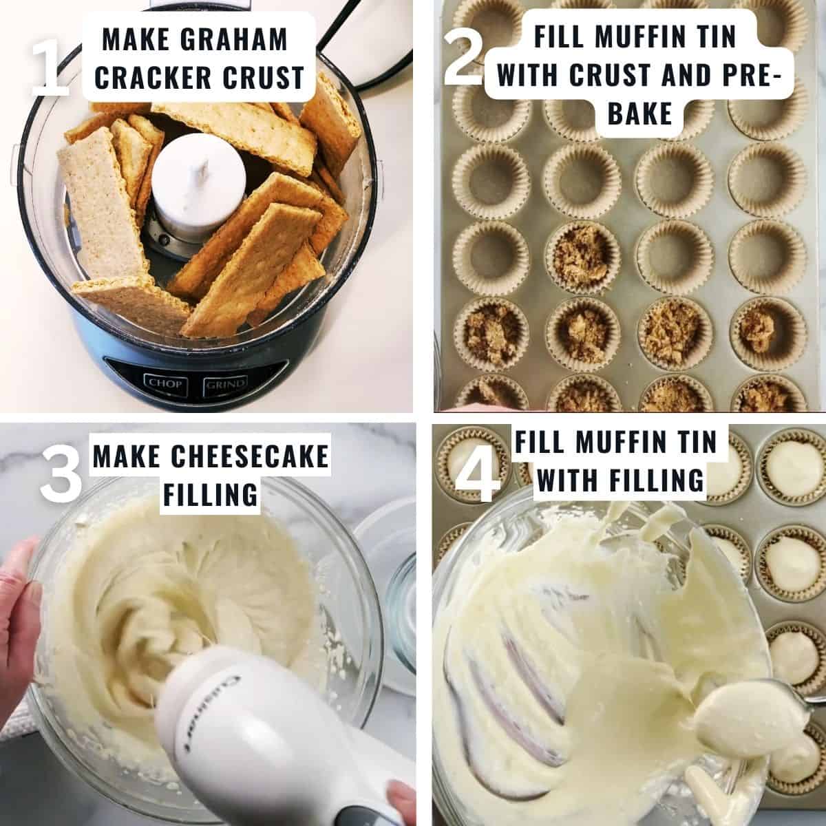 Preparing the mini cheesecakes from making the graham cracker crust to the filling and them assembling.