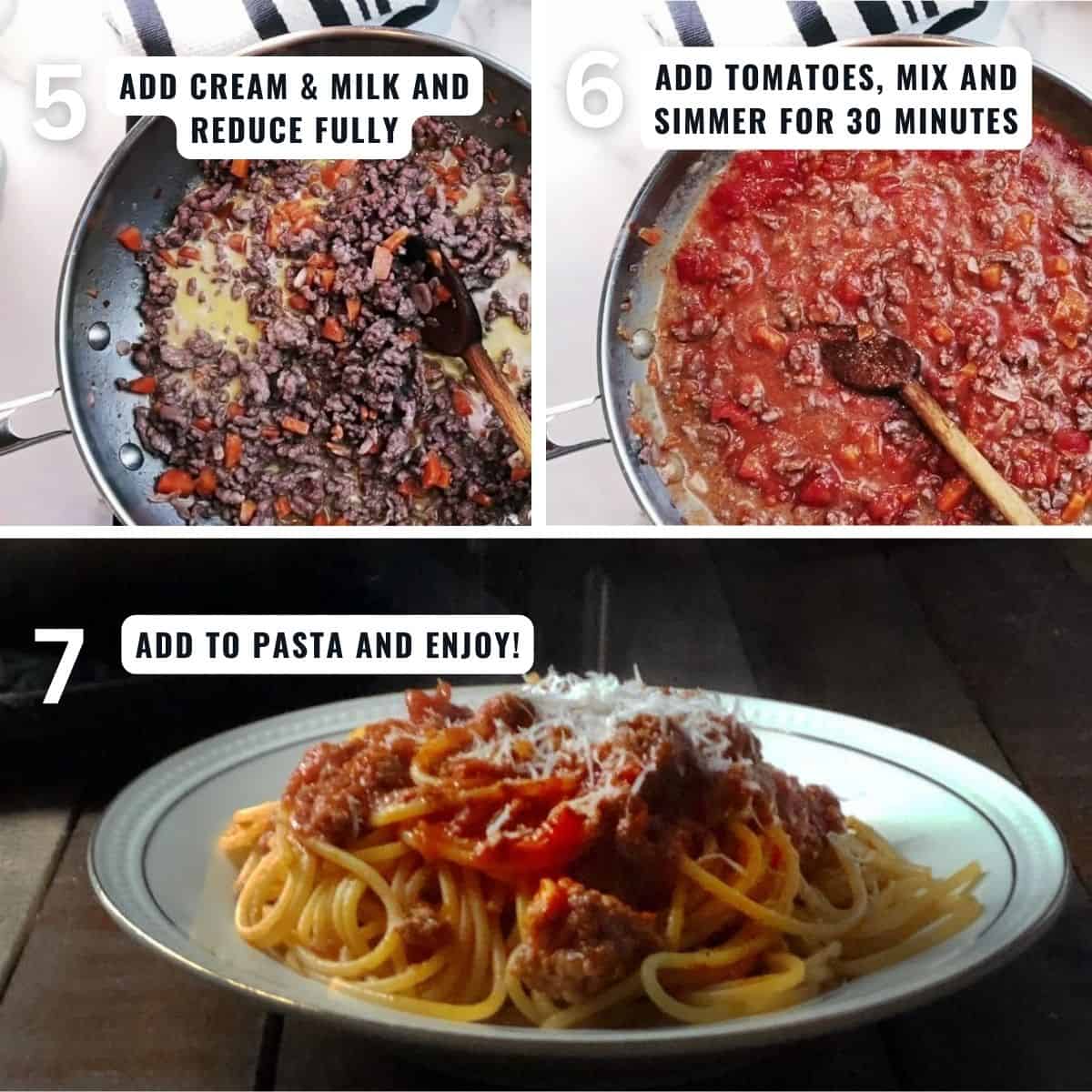 Preparing the pork Bolognese from adding the milk and cream and fully reducing them, adding the tomatoes and then simmering.