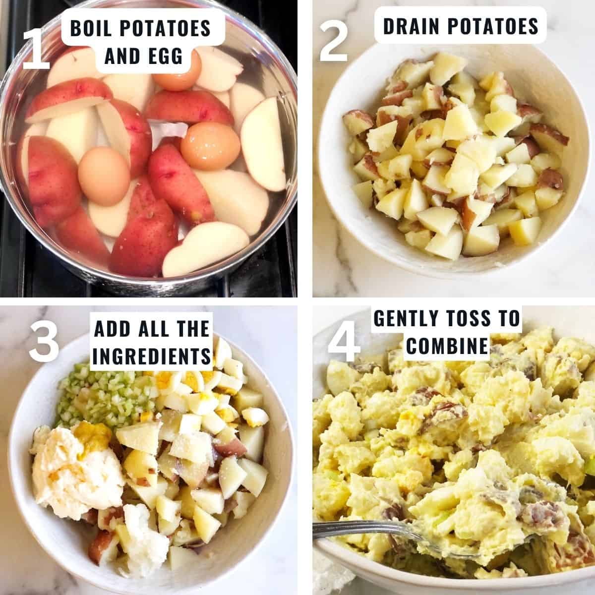 Preparing the potato salad from boiling the potatoes, then combining all of the ingredients with the cooked potatoes in a bowl.