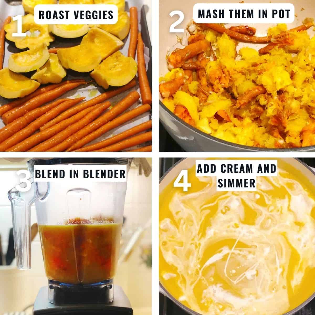 Preparing the soup from roasting the veggies to blending it and then letting it simmer on the stovetop.