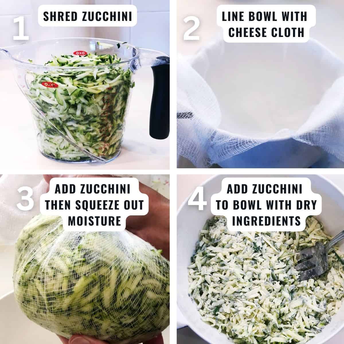 Zucchini pancakes preparation from shredding the zucchini, squeezing out the excess moisture then adding the zucchini to a bowl with dry ingredients.