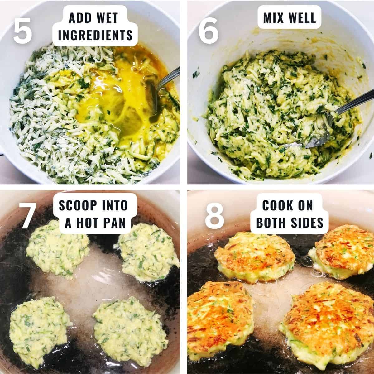 Zucchini pancakes preparation from mixing all of the ingredients together to cooking them in a hot pan.