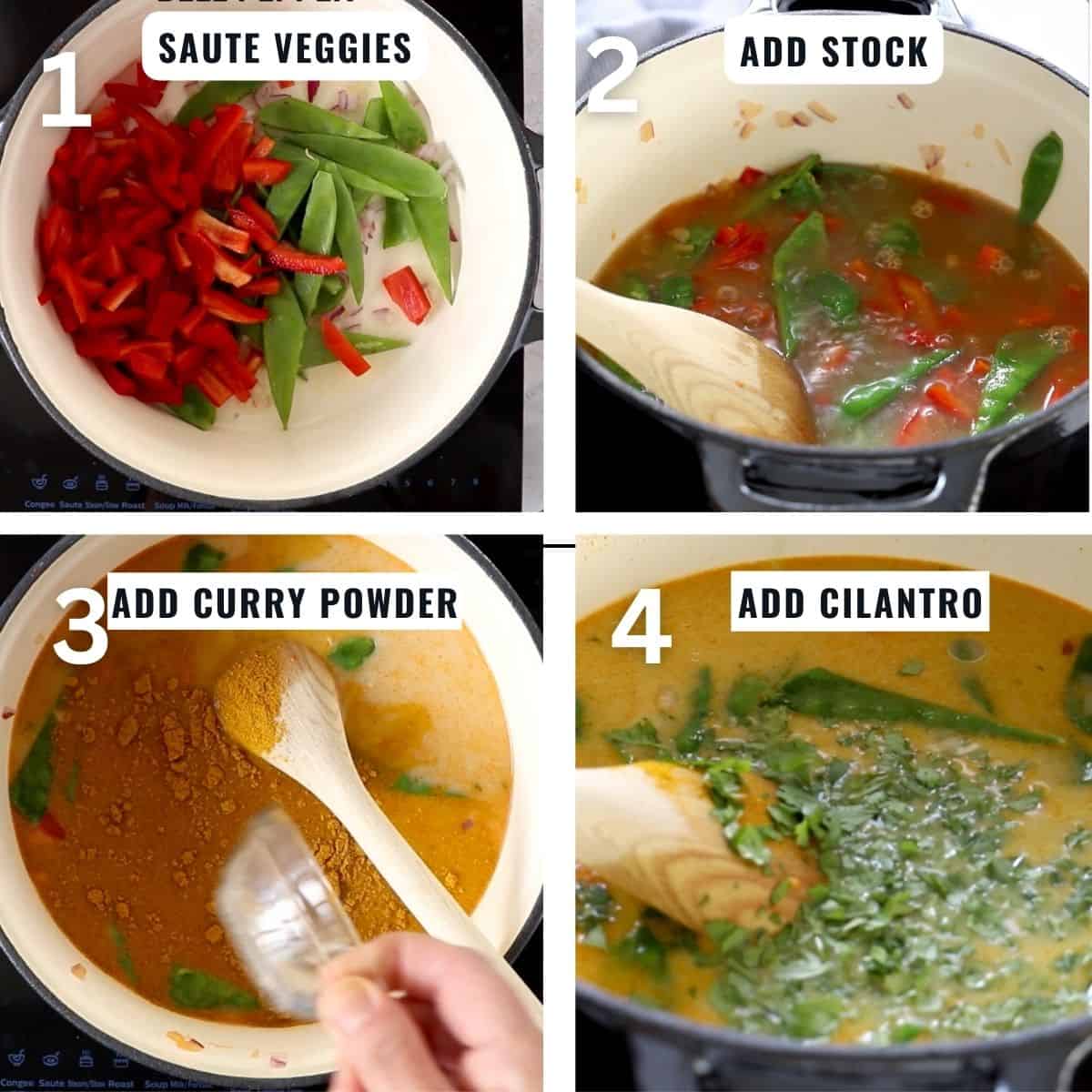 Soup preparation from sauteing the veggies to adding seasoning and stock.