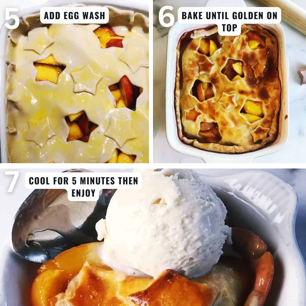 Preparing. the peach cobbler with pie steps from adding egg wash to the pie crust top, baking it until golden brown then serving a slice with vanilla ice cream.