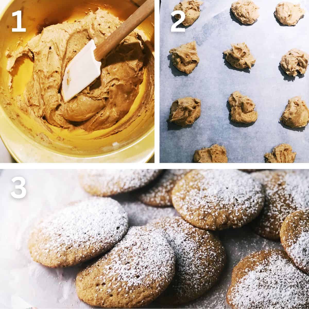 Preparing the old fashioned sour cream cookies including: mixing the dough together until smooth, dropping the dough by the tablespoon onto a sheet pan and baking. Once cooled, dusting them with powdered sugar.