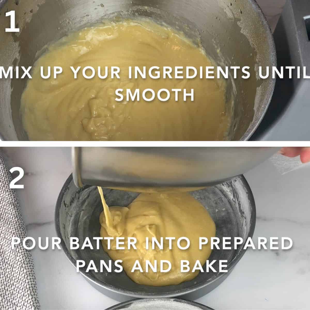 Vanilla almond layer cake preparation including mixing the batter in one bowl and then pouring the batter into prepared cake pans and baking.