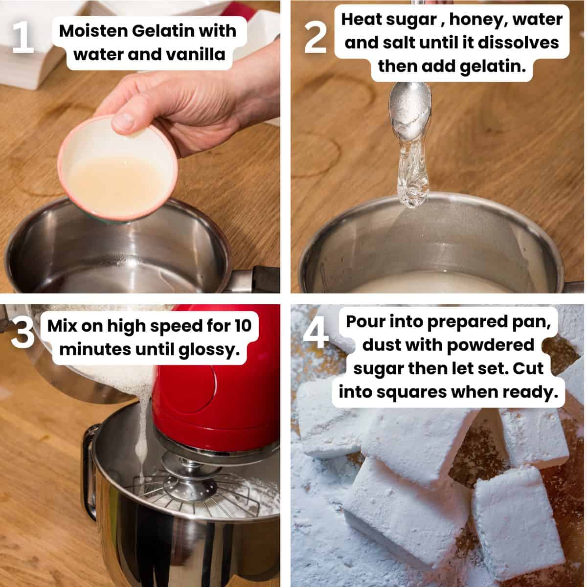 Preparing homemade marshmallows from: dissolving gelatin, heating water, sugar and honey and mixing them all together until glossy then pouring them into a pan to set with powdered sugar and cutting them into squares when ready.