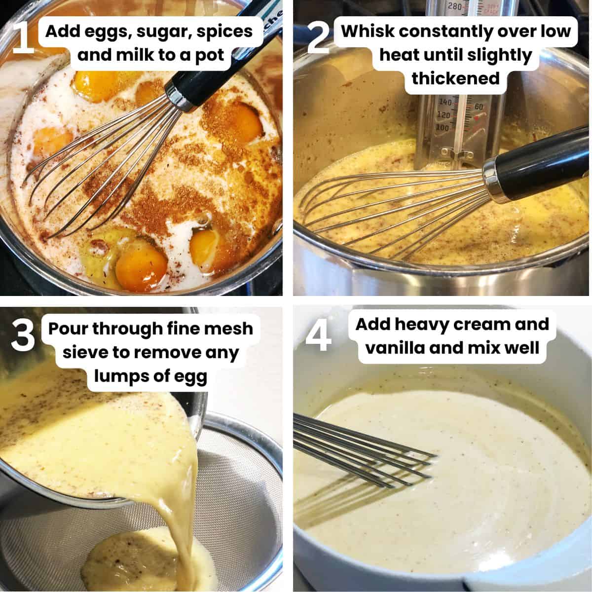 Preparing the no alcohol eggnog including: whisking eggnog mixture in pot over low heat, pouring through a sieve and whisking in cream and vanilla at the end.