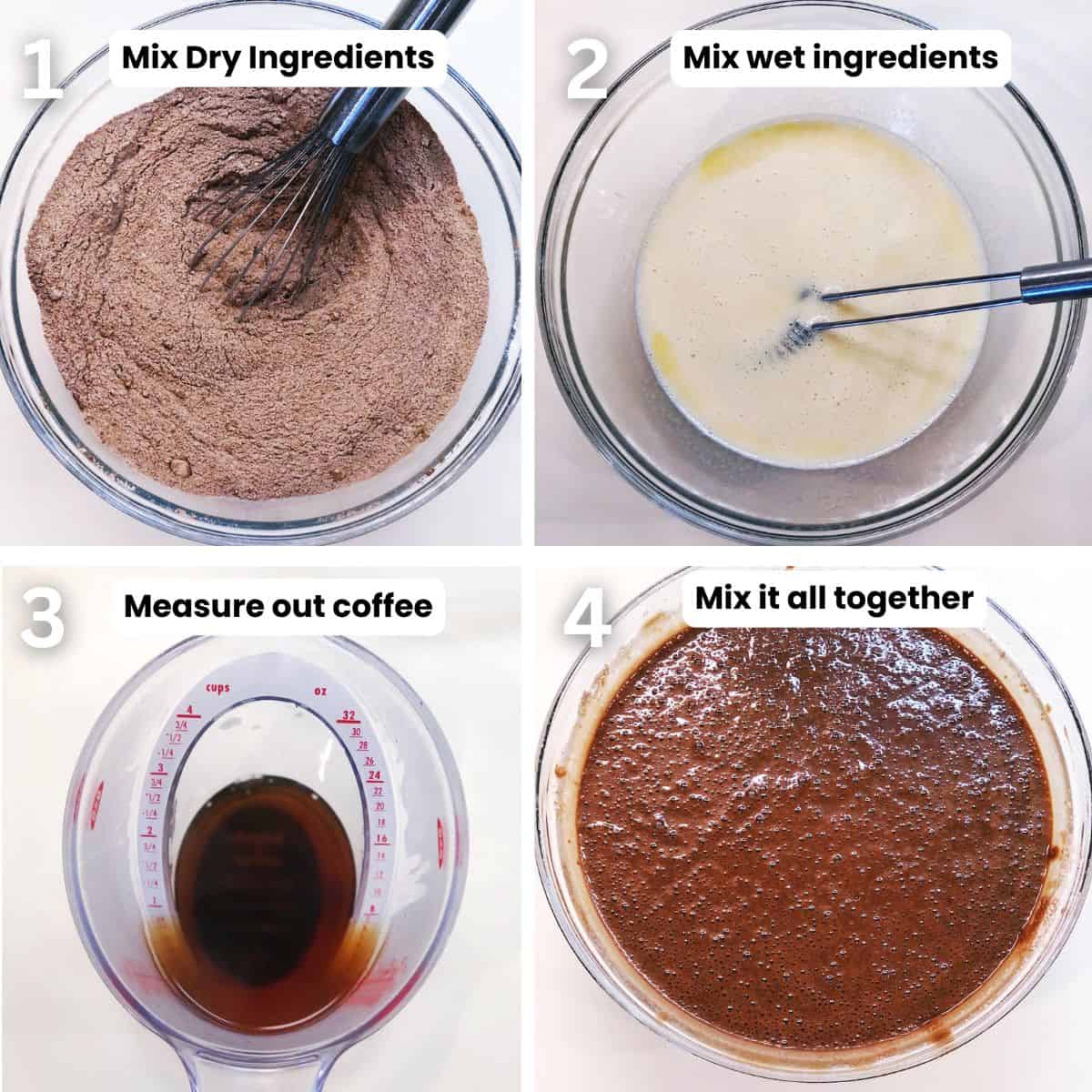 Preparing the chocolate cake including mixing wet and dry ingredients separately then together to make a batter.