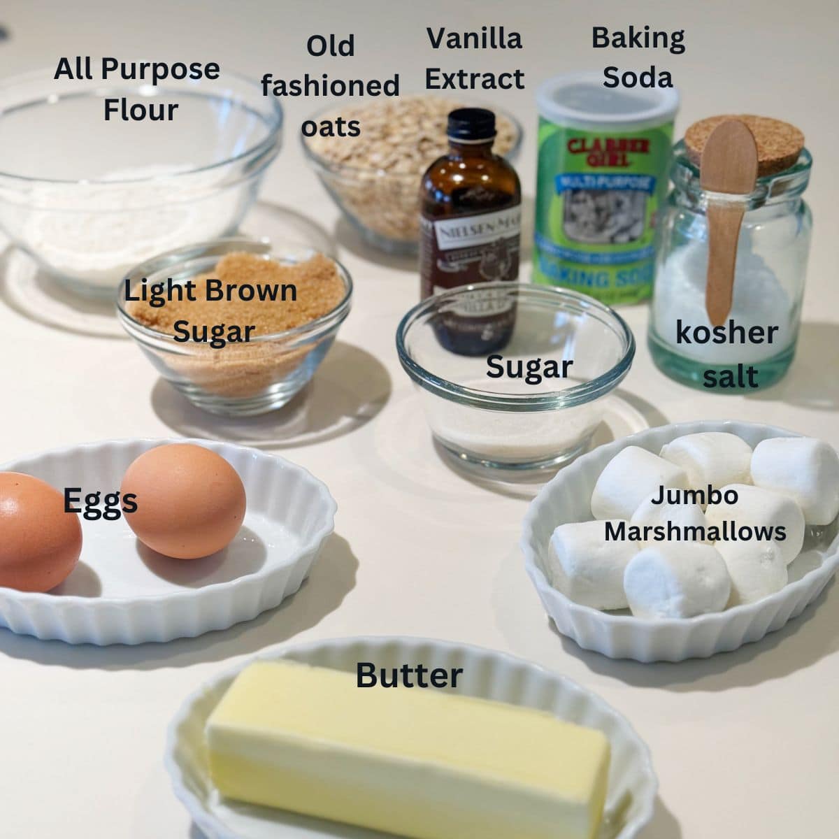 Ingredients for the marshmallow stuffed oatmeal cookies.