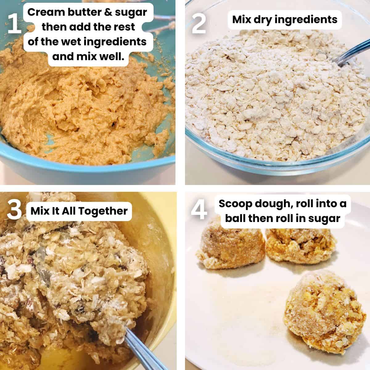 Preparing the marshmallow stuffed oatmeal cookies from mixing the ingredients to scooping out the dough.
