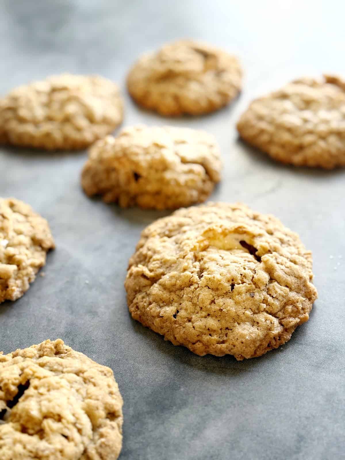 Marshmallow stuffed oatmeal cookies on the counter.