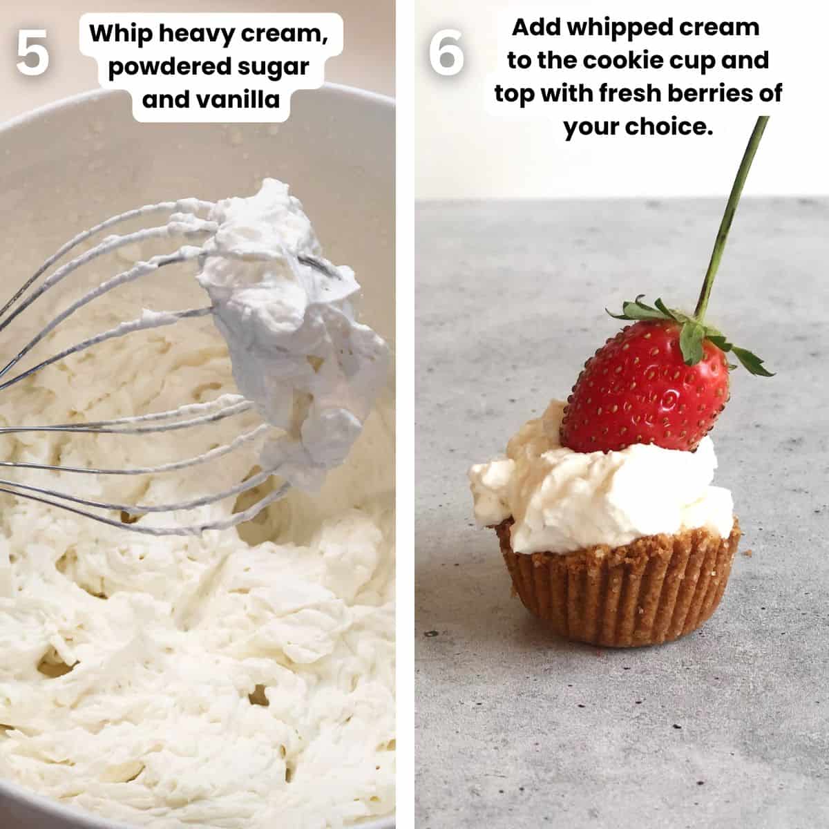 Preparing the whipped cream and assembling of the berries and cream cookie cups.