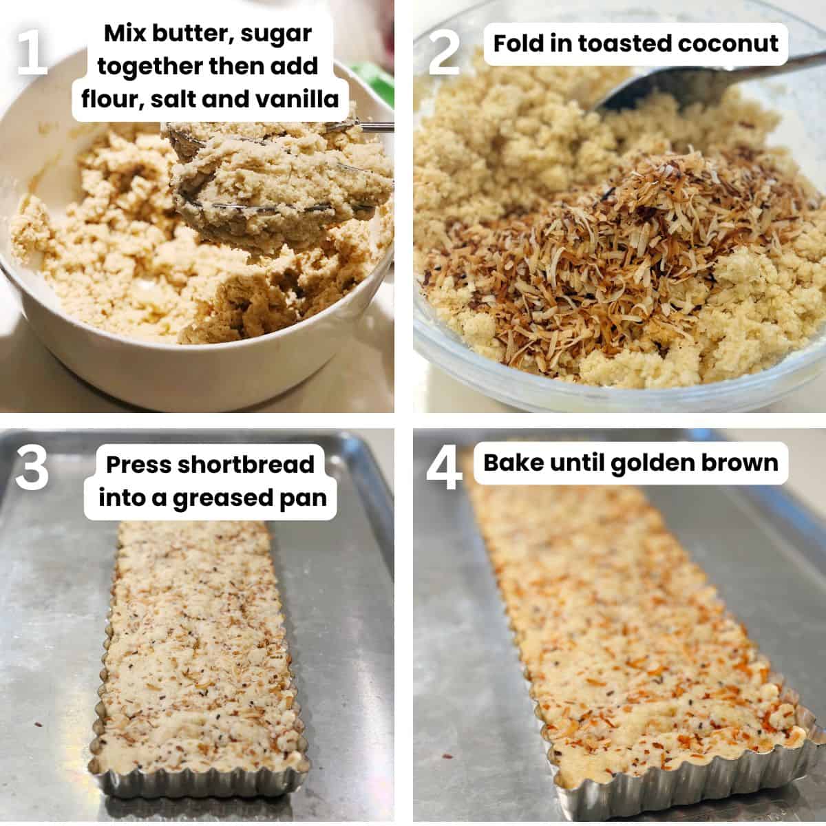 Preparing the coconut shortbread from making the dough, adding the coconut then pressing dough into a pan and baking it.